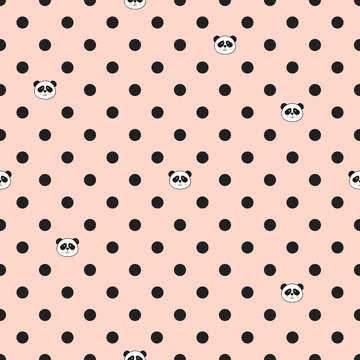 Polka dot pattern with cute panda bear. Vector pink seamless background.
