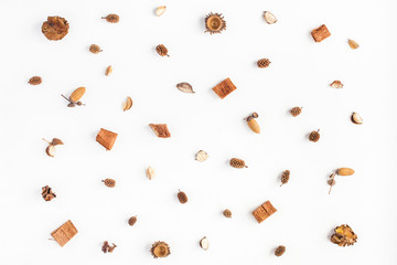 Autumn pattern made of leaves, acorn, pine cones. Flat lay, top view