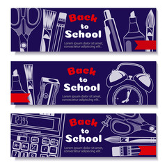 back to school, banner. Templates with supplies tools. Place for your text. Layered realistic 3d, vector.
