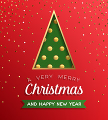 Poster with triangle fir tree with golden balls, with confetti and inscription on red. Vector illustration icon.