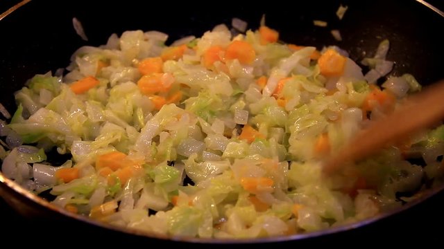 Frying cabbage with onions and carrots in frying pan