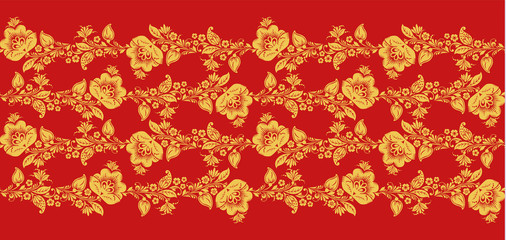Traditional russian hohloma art, flower lines seamless pattern vector. Russian traditional ornament in red and gold colors. Classic khokhloma floral background