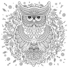  Coloring page with cute owl and floral frame. - 168739132
