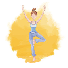 Cute young woman practicing yoga on a background of sunrise or sunset. Girl standing on one leg in tree pose on a yellow background of watercolor stain. Vector illustration, emblem for yoga studio.