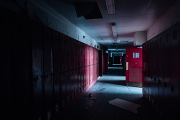 Hallway with Red Lockers and Doors - Vintage, Abandoned School