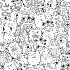 Funny monsters seamless pattern for coloring book. Black and white background. Vector illustration - obrazy, fototapety, plakaty