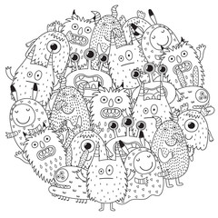 Funny monsters circle shape pattern for coloring book. Vector illustration