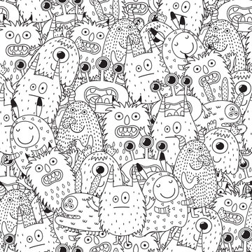 Funny monsters seamless pattern for coloring book. Black and white background. Vector illustration