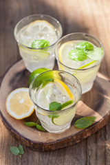 refreshing lemonade drink with mint lime lemon in garden