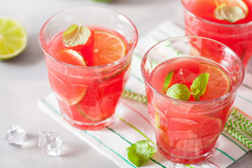 watermelon lemonade with lime and mint, summer refreshing drink