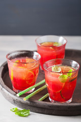 watermelon lemonade with lime and mint, summer refreshing drink