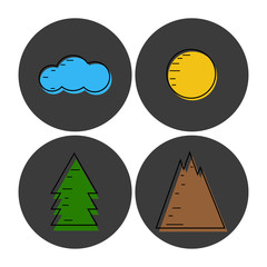 Nature icons set. Cloud, sun, tree, mountain