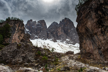 High snowy mountains, nature landscape. Dolomites Alps