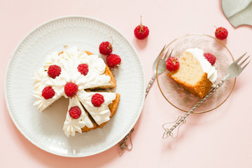 Raspberry Cake with whipped cream on pink background