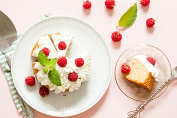 Raspberry Cake with whipped cream on pink background