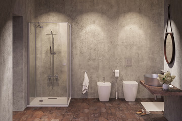 Naklejka na ściany i meble 3d illustration of a Modern shower room with spotlights in the evening