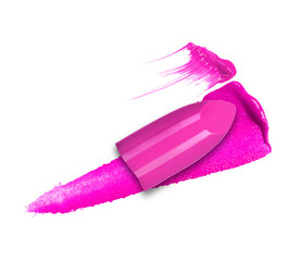 Fuchsia lipstick smear with a slice of lipstick closeup, isolated on a white background