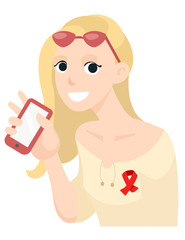 European blonde girl holding smartphone and smiling. World AIDS Day cartoon vector illustration in flat style.