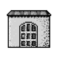 monochrome pixelated house with roof and big door