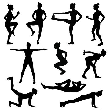 Black silhouette of girls doing fitness exercises