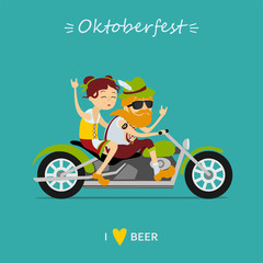 Fototapeta premium Oktoberfest beer festival. Man and woman in traditional bavarian costume riding a motorcycle. Inscription i like beer, inscription Oktoberfest. Vector illustration 