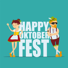 Oktoberfest beer festival. Man and woman in traditional bavarian costume. Inscription Happy Oktoberfest. Vector illustration 