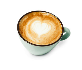 Cappuccino foam, coffee cup top view on white background