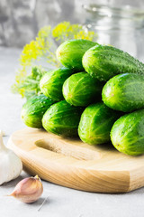 Preserving dill pickles. Ingredients- fresh cucumbers, garlic ,dill, salt and pepper, ready for canning.Selective focus, space for text, close up.