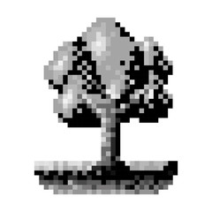 monochrome pixelated tree in meadow with ramifications and leaves