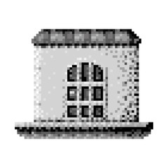 monochrome pixelated house in meadow