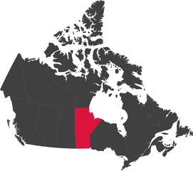 Map of Canada split into individual provinces. Highlighted province of Manitoba.