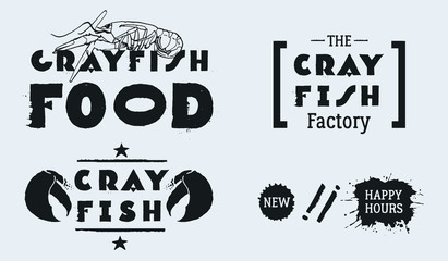 Claw illustration with line, star decoration and text CRAYFISH. Blots NEW, HAPPY HOURS