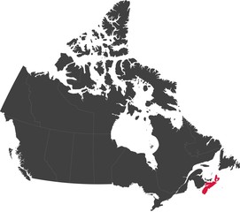 Map of Canada split into individual provinces. Highlighted province of Nova Scotia.