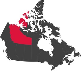 Map of Canada split into individual provinces. Highlighted province of Northwest Territories.
