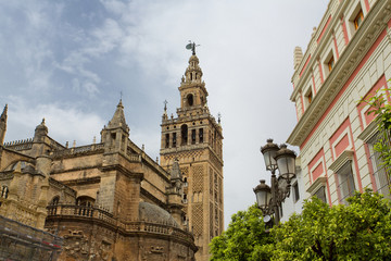 Fototapeta na wymiar The Cathedral of Seville with the Giralda views from Piazza Virgen de los Reyes