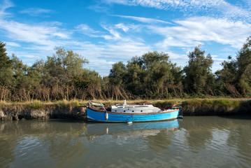 Wooden boat moored to shore