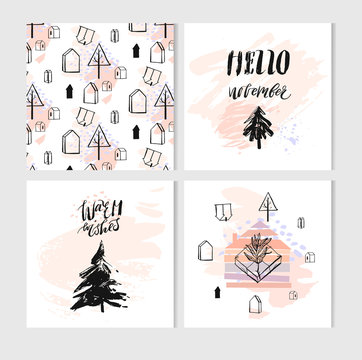 Hand drawn vector abstract Christmas greeting cards