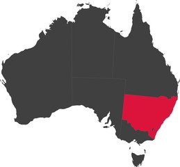 Map of Australia split into individual states. Highlighted state of New South Wales.