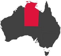 Map of Australia split into individual states. Highlighted state of Northern Territory.
