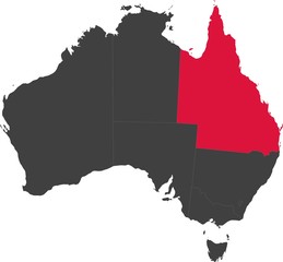 Map of Australia split into individual states. Highlighted state of Queensland.