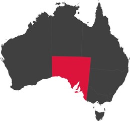 Map of Australia split into individual states. Highlighted state of South Australia.
