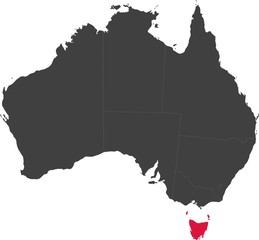 Map of Australia split into individual states. Highlighted state of Tasmania.