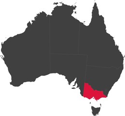 Map of Australia split into individual states. Highlighted state of Victoria.