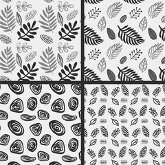 Hand drawn autumnal leaves seamless pattern set in gray colors