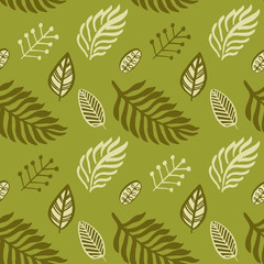 Hand drawn autumnal leaves seamless pattern in green colors V.2