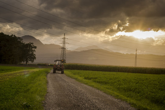 Tractor on rural road in the evening.