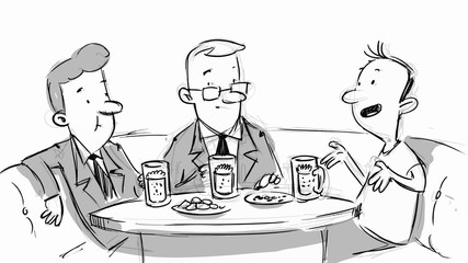 Three man at a table. Business lunch or lunch with friends. Vector sketch for storyboard, projects, cartoon