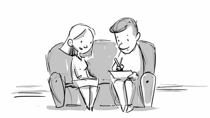 Couple discussing on a sofa. Vector sketch for storyboard, projects, cartoon