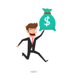 Businessman holding money bag. Concept of earnings money and get bonus.