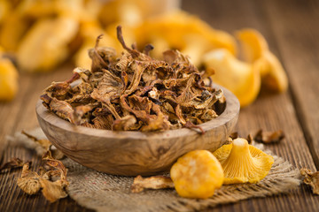Dried Chanterelles close-up shot, selective focus